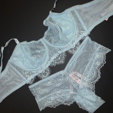 Victoria's Secret unlined 36D CORSET TOP BRA SET M cheeky panty aqua BLUE lace
