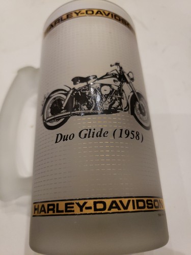 Harley Davidson frosted glass beer mug Duo Glide 1958 Motorcycles 1986 Stein - Picture 8 of 11