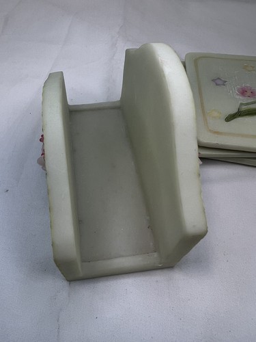 Set Of 4 Stone Hand Painted Coasters W Holder 3D Butterfly & Flowers Sculpture - Picture 4 of 13