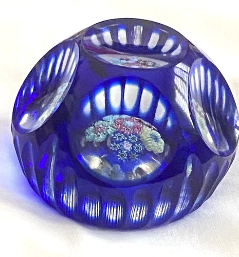 Vintage MURANO Cobalt Blue PEEK A BOO Art Glass MILLEFIORI Paperweight KB Label
