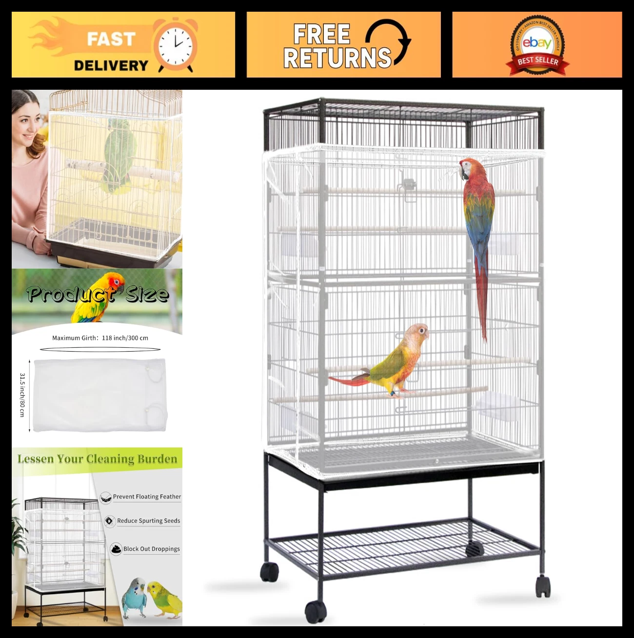 Large Bird Cage Cover, Adjustable Nylon Mesh Seed Catcher Skirt for Parrots & Ma