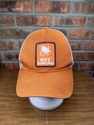 Simms Fly Fishing Buy Local Embroidered Patch Mesh Snapback Hat Orange