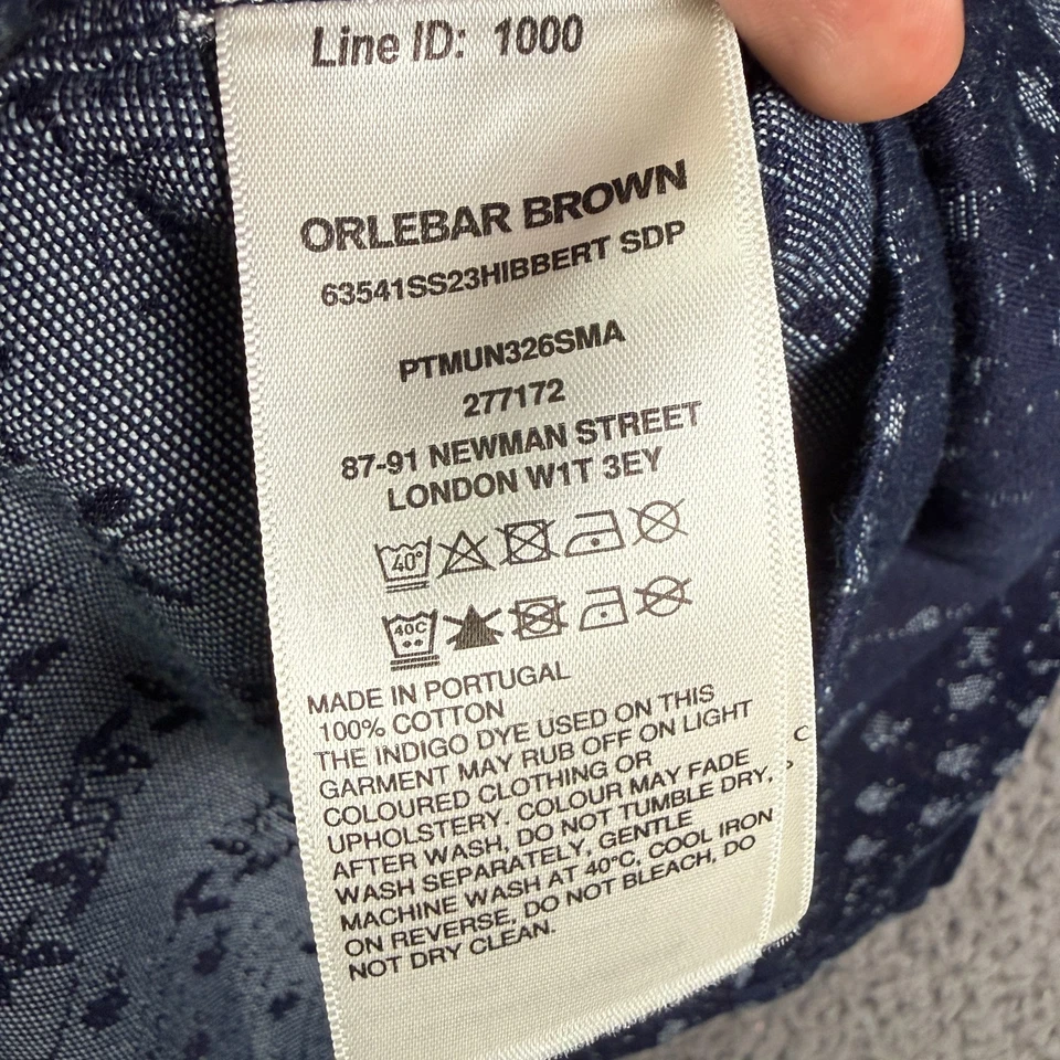 Orlebar Brown Hibbert Jacquard Denim Shirt Mens M Blue Geometric Camp Collar - Image 4 of 4