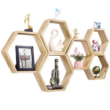Novimango Hexagonal Floating Shelves Wall Mounted Set Of 6 Wooden Hexagon Shelve