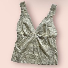 Vtg Large Cami Tank Top Cream Lace V-neck Y2K Coquette Cottage Stretchy Cropped