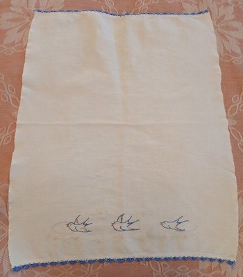 Vintage Hand Towel Huck Linen Blue Crochet Lace Trim Embroidered Blue Birds 