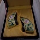 Pair Chinese Floral Yellow Porcelain  Dragon Bound Feet Shoes 4 1/2” With Box — photo 8