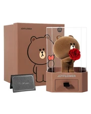 Line Friends Brown Bear Holding Preserved Flowers, Eternal Real Rose Romantic...