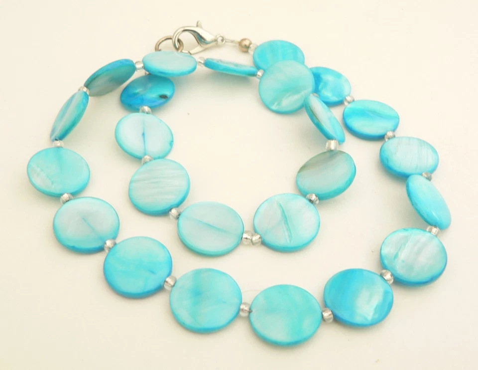 Halskette Kette Muschel Perlmutt Scheibe Ø15mm pastell türkis 405y - Bild 4 von 4