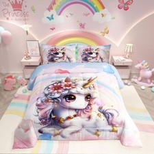 Unicorn 2 Piece Twin Bedding Set for Girls - Rainbow Comforter With Reversibl...