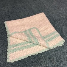 Baby Blanket Hand Crocheted White Blue Knit Afghan 29x29 Square Nursery