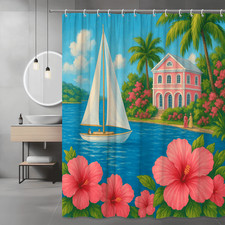 Tropical Floral Shower Curtain with Hibiscus and Sailboat Design