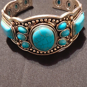 Silver Tone Open Cuff Bracelet with Oval Blue Turquoise Stone