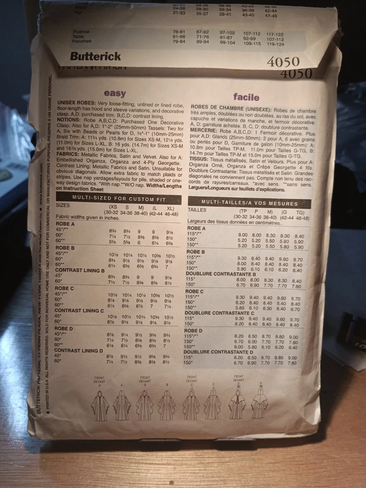 Butterick 4050 Costume Pattern Medieval Robe LOTR Cape Witch Wizard L/ XL Uncut - Image 2 of 2