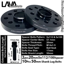 2PC 20MM THICK 5X112 & 5x100 57.1MM C.B WHEEL SPACER +14x1.5 BOLT FIT AUDI MODEL