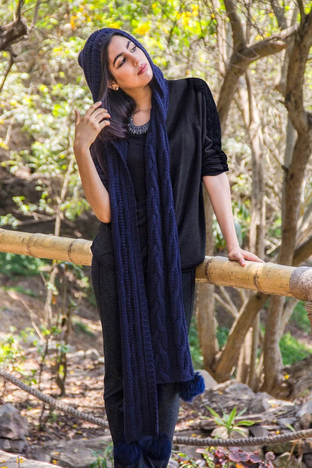 One Piece Long Baby Alpaca Blend Hooded Hat Scarf Women and Men - Navy Blue - Image 2 of 4