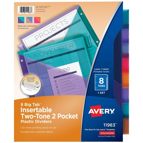 Avery Big Tab Insertable Plastic 2 Pocket Dividers for 3 Ring Binders, 8 Tab
