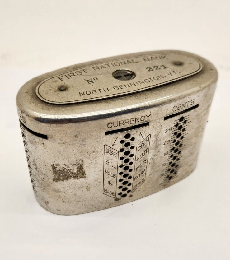 Vintage First National Bank North Bennington VT. All Metal Coin Bank