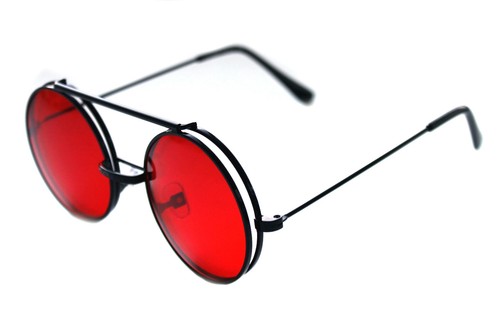 Men's Women's Round Shape Flip up Django Sunglasses Clear Red Lenses Black Frame - Picture 2 of 10