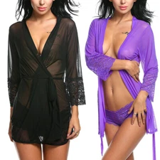 Women Lace Sheer See-through Sexy Lingerie Short Kimono Robe Mesh Nightgown Tops