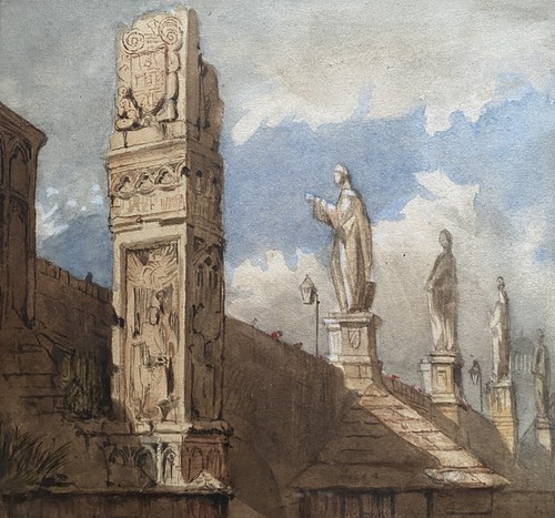 Después de Samuel Prout OWS (1783-1852) La plaza de la ciudad, acuarela original de Praga - Imagen 6 de 14