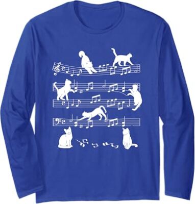 Cute Cat Kitty Playing Music Note Clef Musician Art Long Sleeve Tshirt