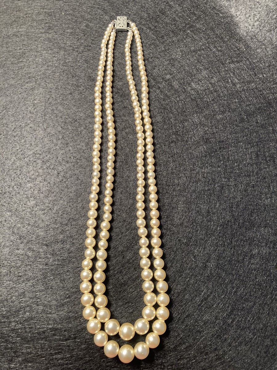 Collier Double Rang De Perles Faux Richelieu - Métal Doré Tressé - Style Vintage - Occasion