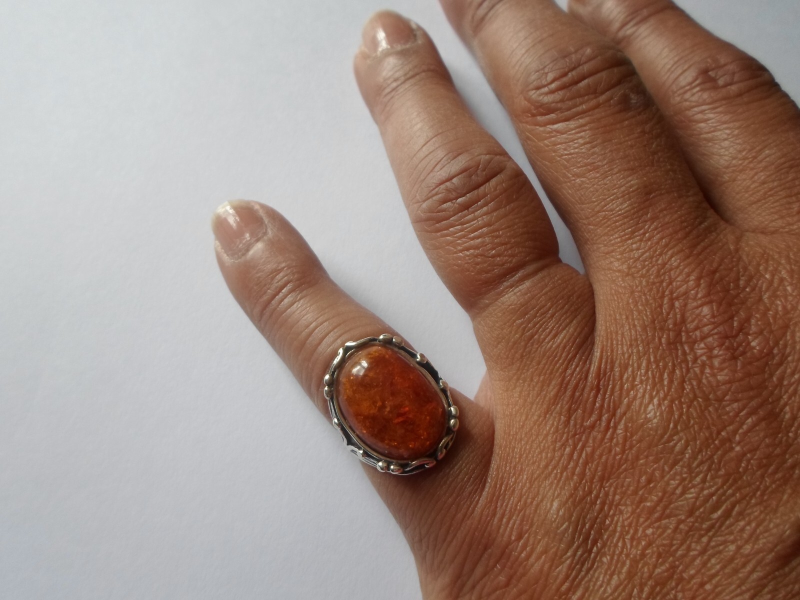 solid silver ring, amber cabochon, openwork sides… - image 3