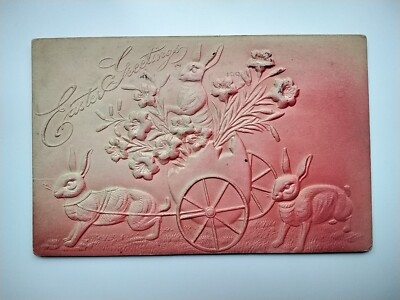 Ostergrüße geprägte Hasen, Blumen und Wagen Postkarte gestempelt Utica
