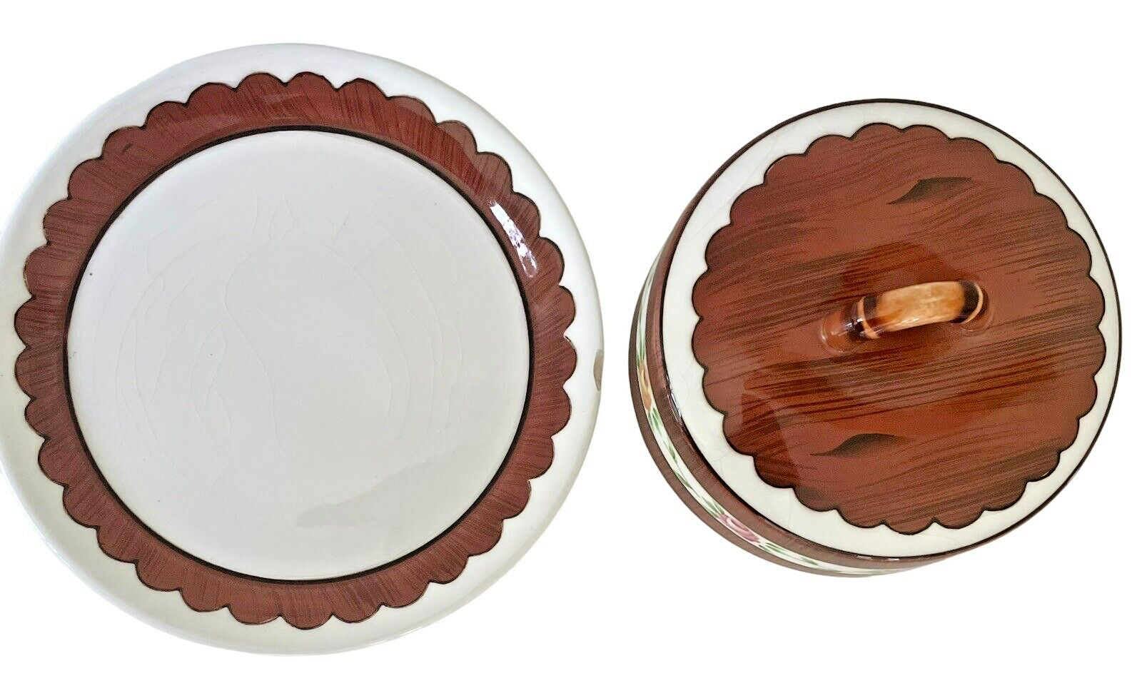 Orchard Ware Lidded Cheese Keeper Woodgrain Design Roses PY Japan