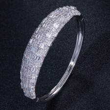 Silver Plated Cubic Zirconia Wide Cuff Bangle Bracelet for Women Wedding Banquet
