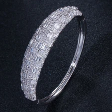 Silver Plated Cubic Zirconia Wide Cuff Bangle Bracelet for Women Wedding Banquet