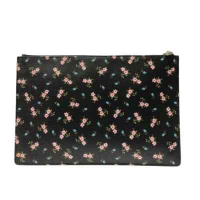 Givenchy Floral Black Leather Clutch Pouch Pink Flowers Silver