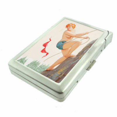 German Pin Up Girls D5 Cigarette Case with Built in Lighter Metal Wallet 