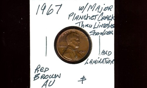 US Lincoln Cent 1967 con crepe di planchet maggiori attraverso 3 posti sulla spalla di Lincoln - Foto 2 di 4