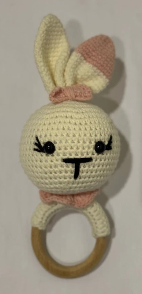 Handmade Baby Bunny Rattle with Wooden Teething Ring - Изображение 2 из 3