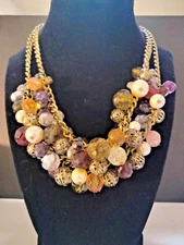 Vintage SHA beaded double strand cluster bib necklace, gold tone, multicolored