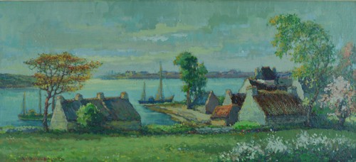 Tableau Ancien école Bretonne Vue de la Rivière d' ETEL animé signé SV H. Moret - Photo 3/10