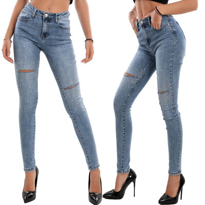 TOOCOOL MT039 Women's Jeans Rhinestone Pants Ripped Slim Fit