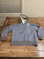 Hurley Hoodie Youth 10/12 Blue Stripe Cotton Sherpa Lined Pocket Full Zip
