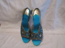 Vtg. Turquoise Satin Sling Back Wedge Boudoir Slippers W/Beads, Pearls Sequins