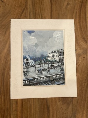 Original Art Painting Paris Street Scene Fountain Impressionist Signed 1950s