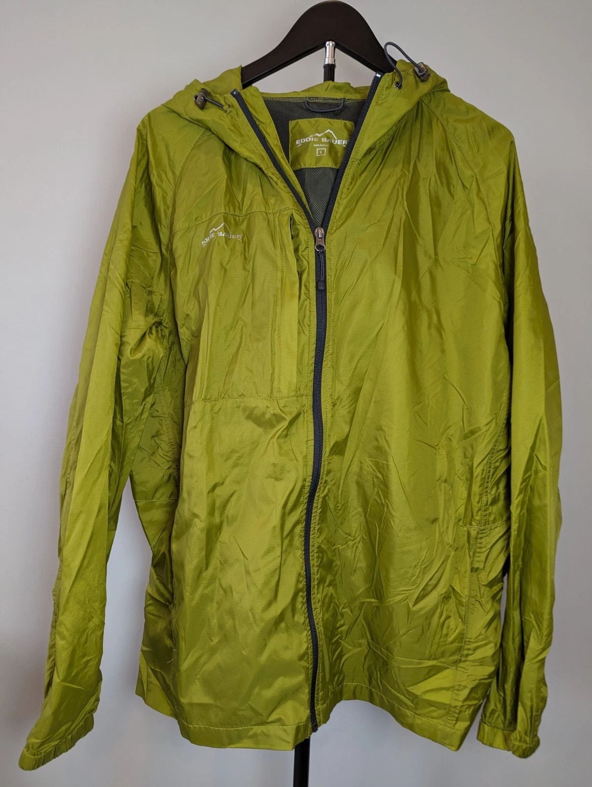 EDDIE BAUER Mens Size L EB500 Green Packable Wind Jacket Windbreaker Full Zip