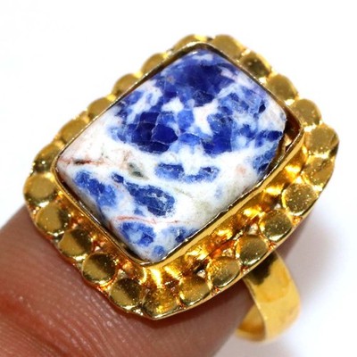 Golden Plated Sodalite Ring US 9 Handmade Gemstone Jewellery Trendy GW