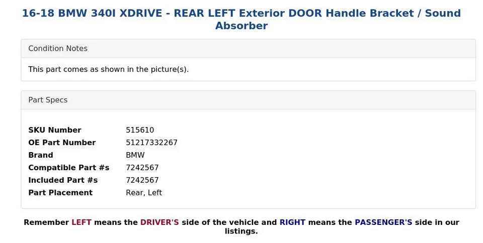 16-18 BMW 340I XDRIVE - TRASERO IZQUIERDO Exterior PUERTA MANIJA SOPORTE / Amortiguador de sonido Foto 3 de 4