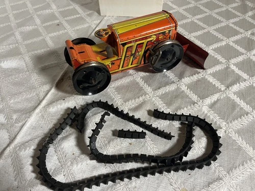 Marx Tin Litho Orange Tractor with Plow Windup Toy