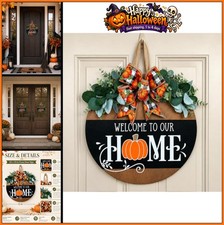 Fall Door Sign Round Wooden Pumpkin Wreath Welcome Decor 12 Inch Autumn