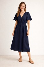 Ann Taylor Dress Womens Large Navy Shirt Flutter Sleeves V Neck Smocked Waist S