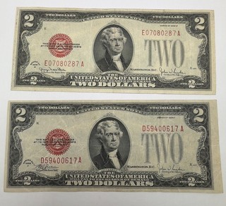 1928 Series $2 Dollar Bill Red Seal Notes VF / XF Lot of 2 Circ