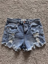 Almost Famous Women's Blue Denim Cut Off Shorts Size 5 Mid Rise Fringe 5-Pocket